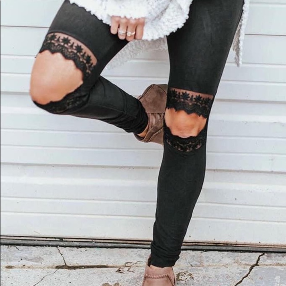 Black knee cut out lace leggings